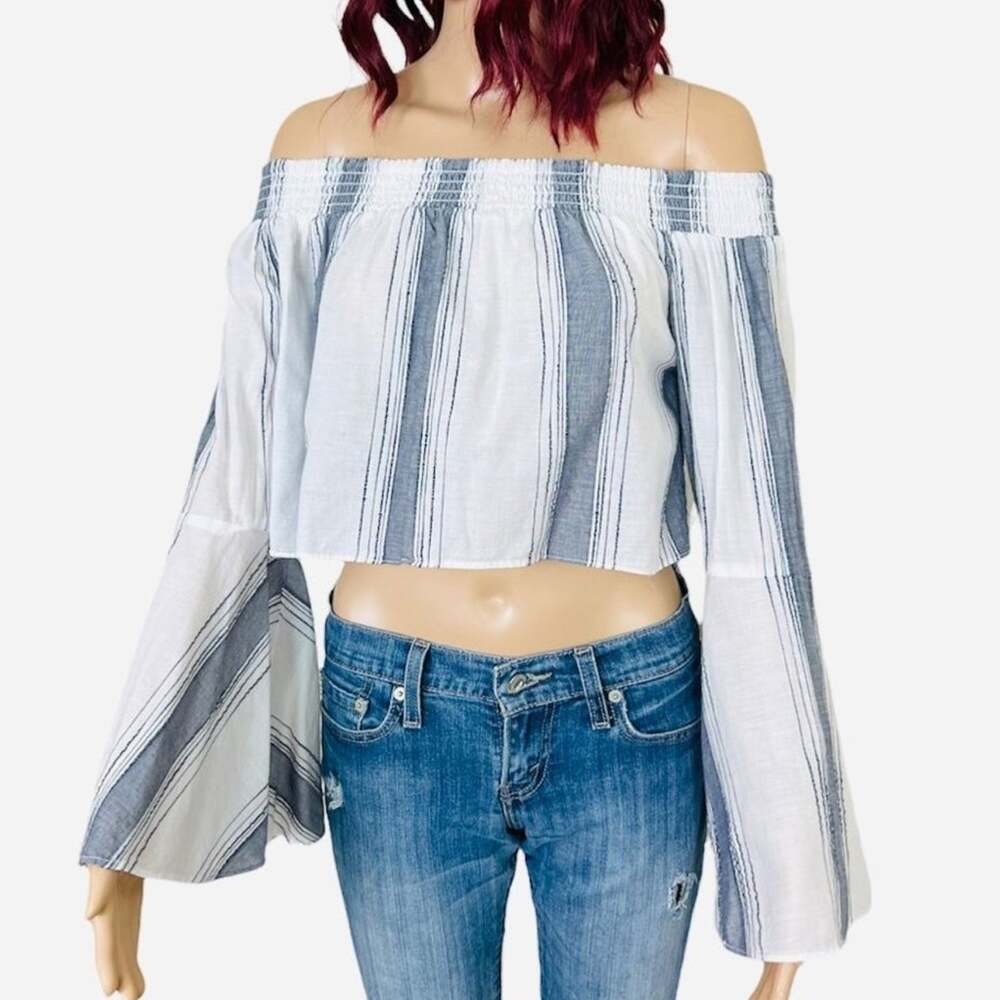Anthro Lilka Striped Off the Shoulder Bell Sleeve Top XS Cotton Blue White